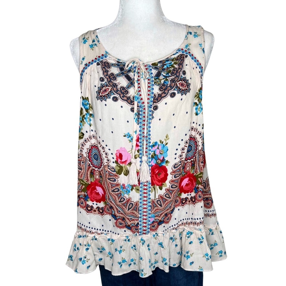 Bila Tank Top Jessica Sleeveless Tie Neck Blouse Bohemian Floral Cream Medium M